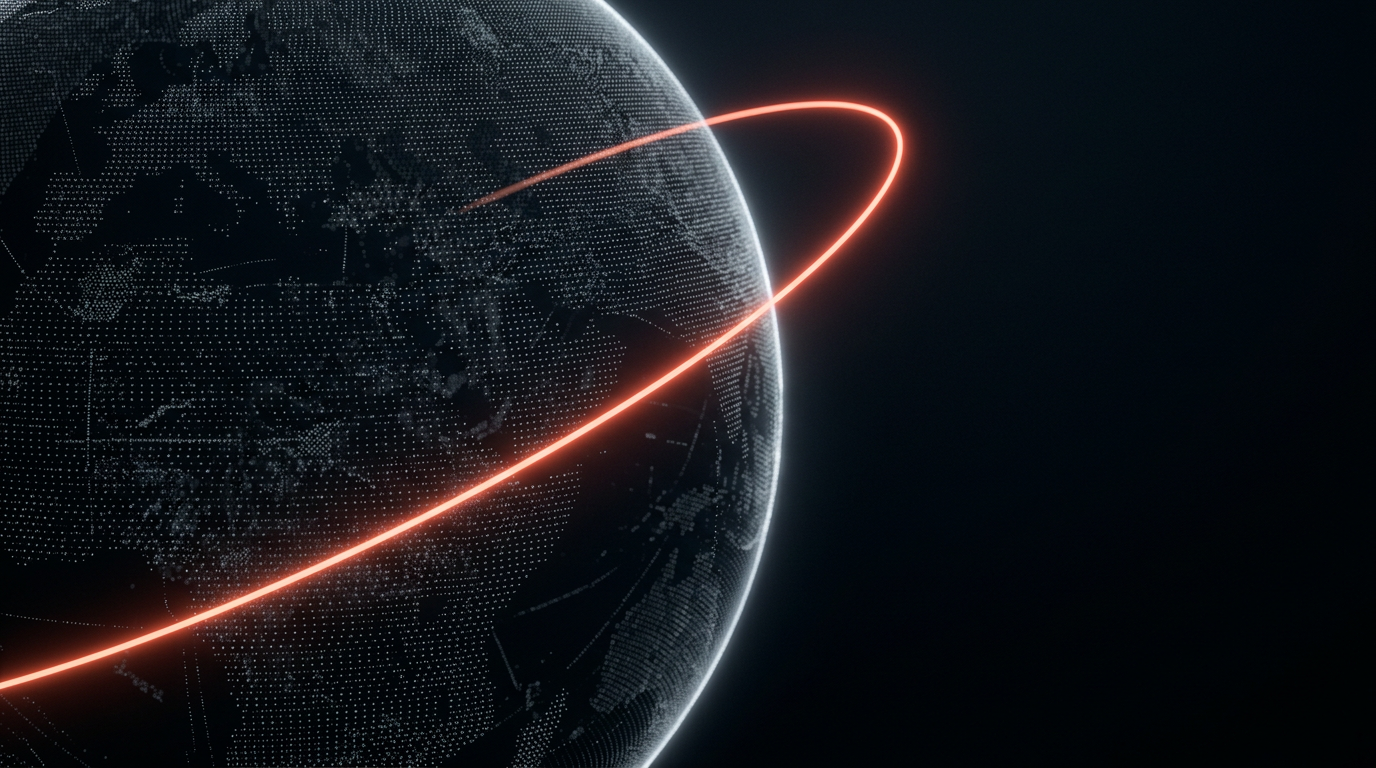 Dark dotted sphere with a glowing coral orbit, standing in for the brand DNA database