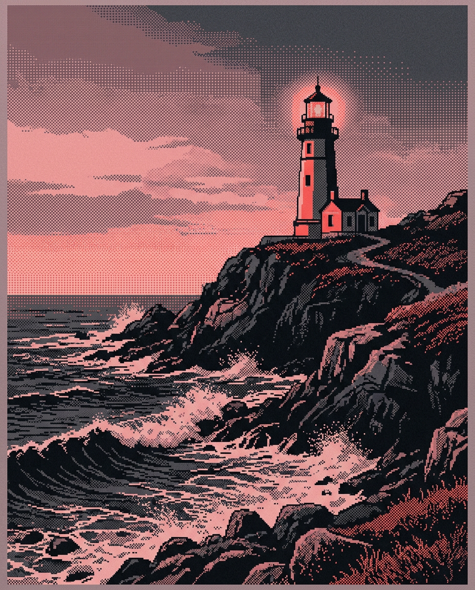 Sample dithered pixel illustration of a lighthouse on a rocky coast at dusk
